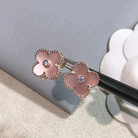 [Marins]CLOVER MEDIUM 1 MOTIFS  PINK MOP DIAMOND EARRINGS