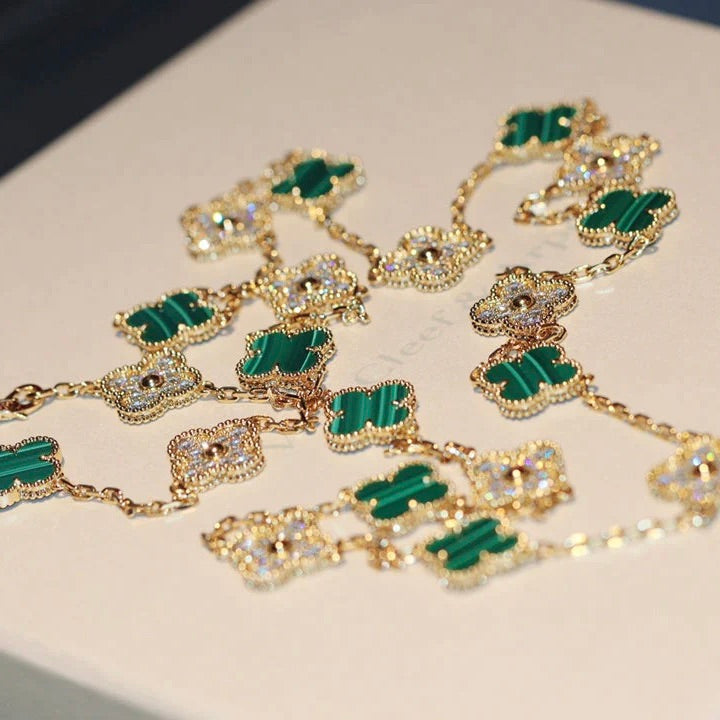 [Marins]CLOVER 20 MOTIFS MALACHITE DIAMOND NECKLACE