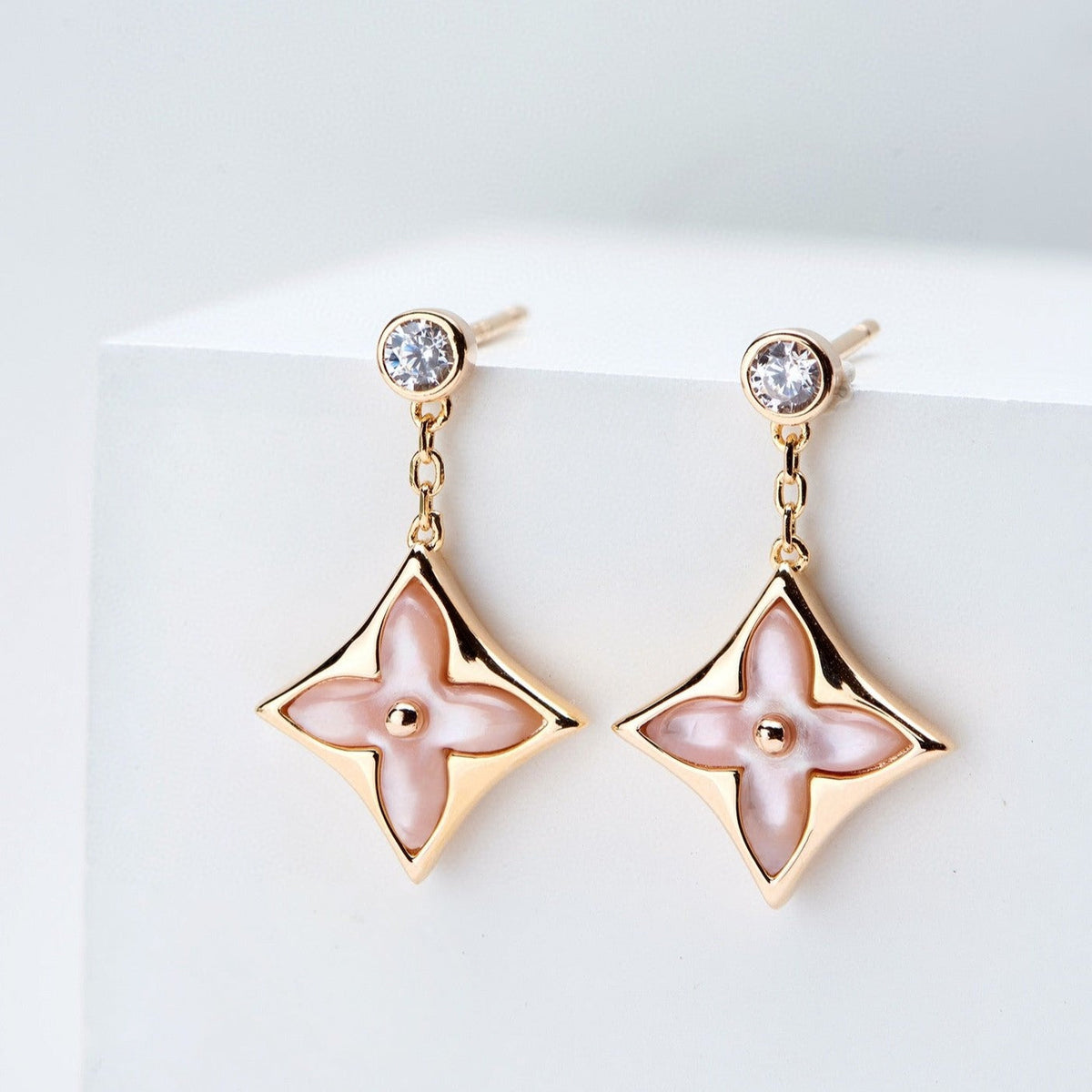 [Marins]DOUBLE STAR PINK GOLD MOP DROP EARRINGS