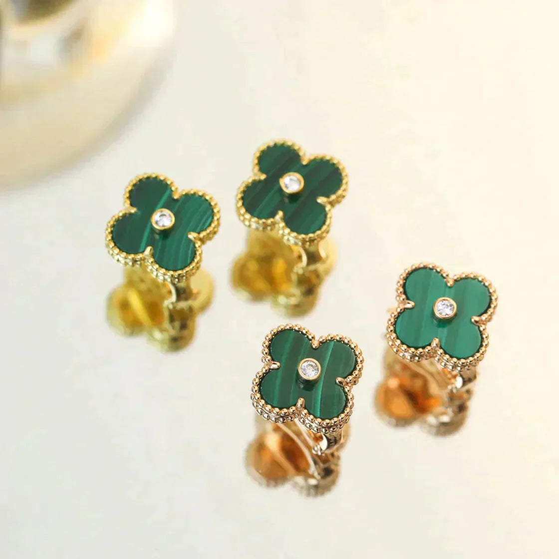 [Marins]CLOVER MEDIUM 1 MOTIFS MALACHITE DIAMOND EARRINGS