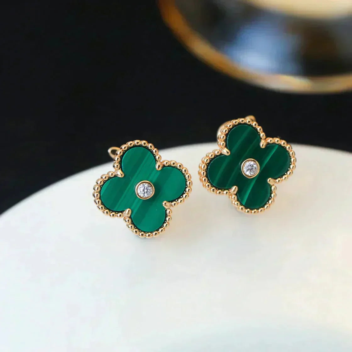 [Marins]CLOVER MEDIUM 1 MOTIFS MALACHITE DIAMOND EARRINGS