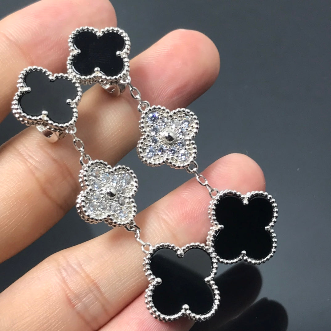 [Marins]CLOVER 3 MOTIF DIAMOND ONYX SILVER EARRINGS