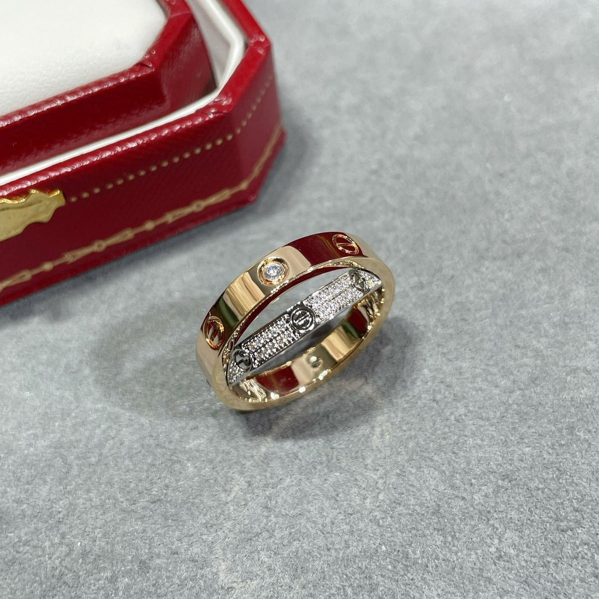 [Marins]LOVE PINK GOLD SILVER DIAMOND DOUBLE RING