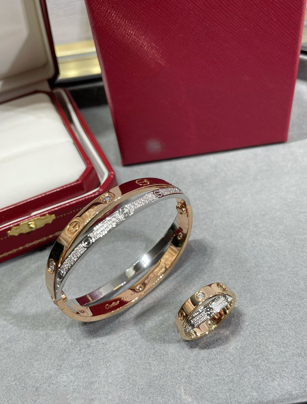 [Marins]LOVE PINK GOLD SILVER DIAMOND DOUBLE RING