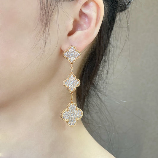 [Marins]CLOVER 3 MOTIFS DIAMOND PAVED Marins GOLD EARRINGS