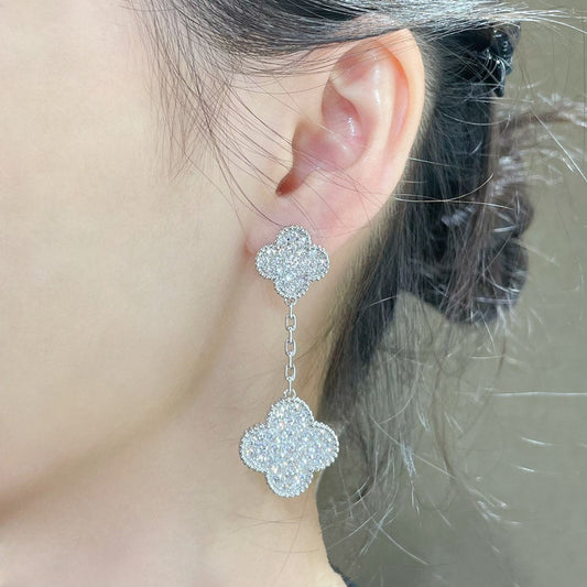 [Marins]CLOVER 2 MOTIFS DIAMOND PAVED SILVER EARRINGS