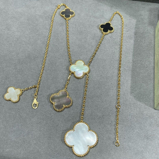 [Marins]CLOVER 6 MOTIF MOP ONYX GOLD NECKLACE