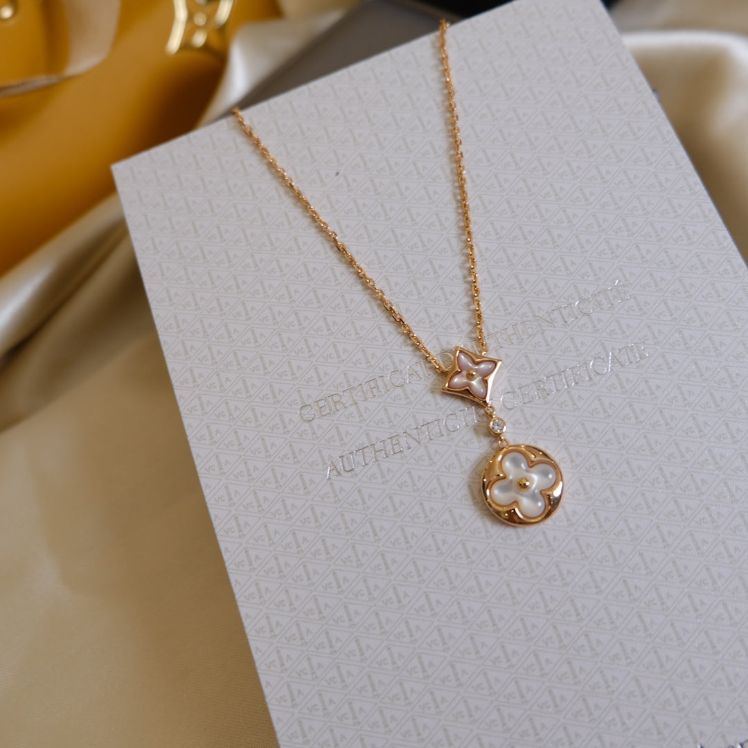 [Marins]STAR AND SUN WHITE MOP 2 MOTIF PINK GOLD NECKLACE