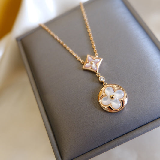 [Marins]STAR AND SUN WHITE MOP 2 MOTIF PINK GOLD NECKLACE