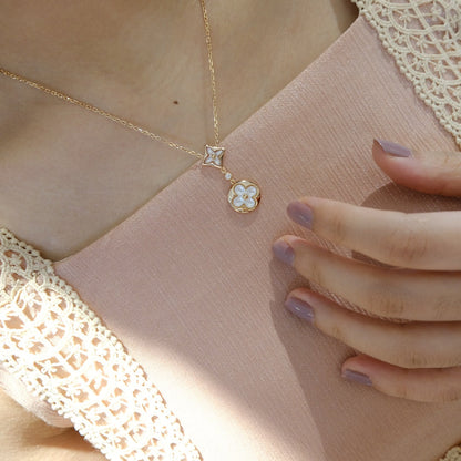 [Marins]STAR AND SUN WHITE MOP 2 MOTIF PINK GOLD NECKLACE