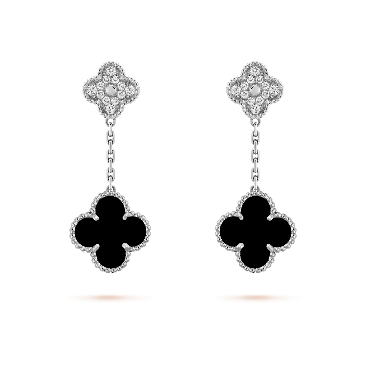 [Marins]CLOVER 2 MOTIFS  DIAMOND ONYX EARRINGS SILVER