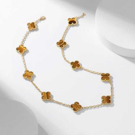 [Marins]CLOVER 10 MOTIFS TIGER EYE NECKLACE