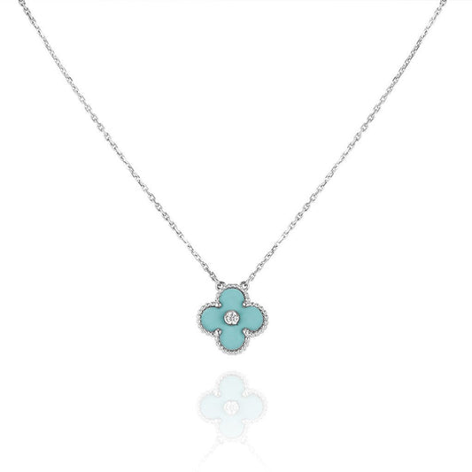 [Marins]CLOVER 1 DIAMOND LIGHT BLUE SILVER NECKLACE
