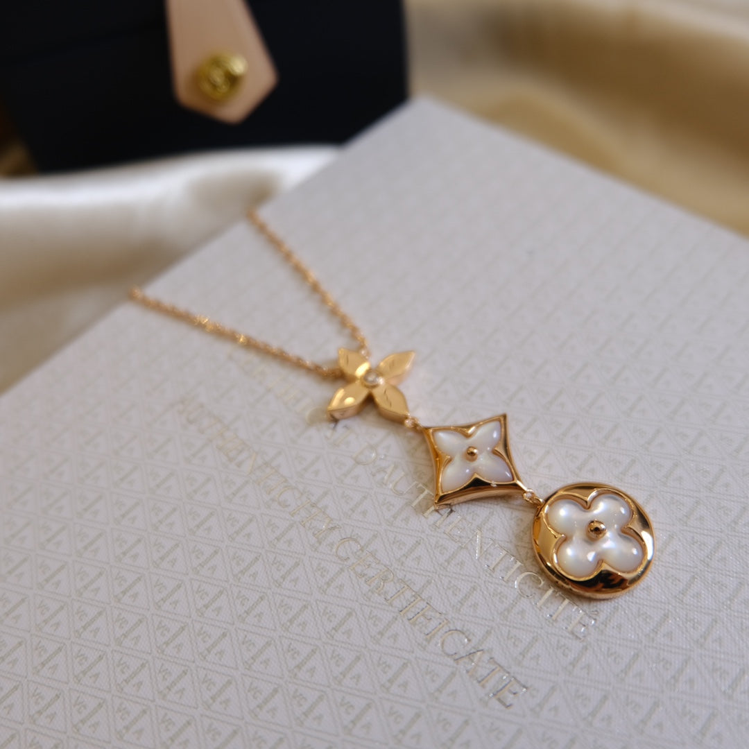 [Marins]COLOR BLOSSOM LARIAT NECKLACE PINK GOLD WHITE MOTHER PEARL AND DIAMOND