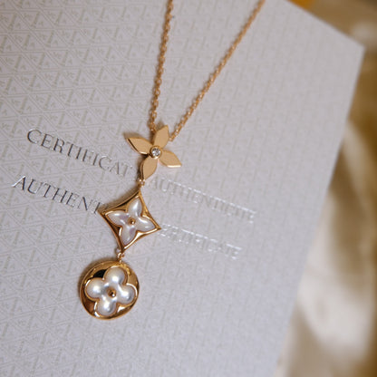 [Marins]COLOR BLOSSOM LARIAT NECKLACE PINK GOLD WHITE MOTHER PEARL AND DIAMOND