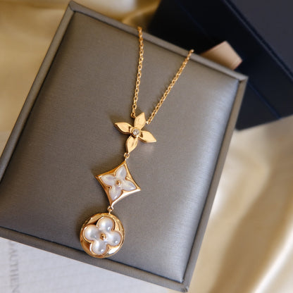 [Marins]COLOR BLOSSOM LARIAT NECKLACE PINK GOLD WHITE MOTHER PEARL AND DIAMOND