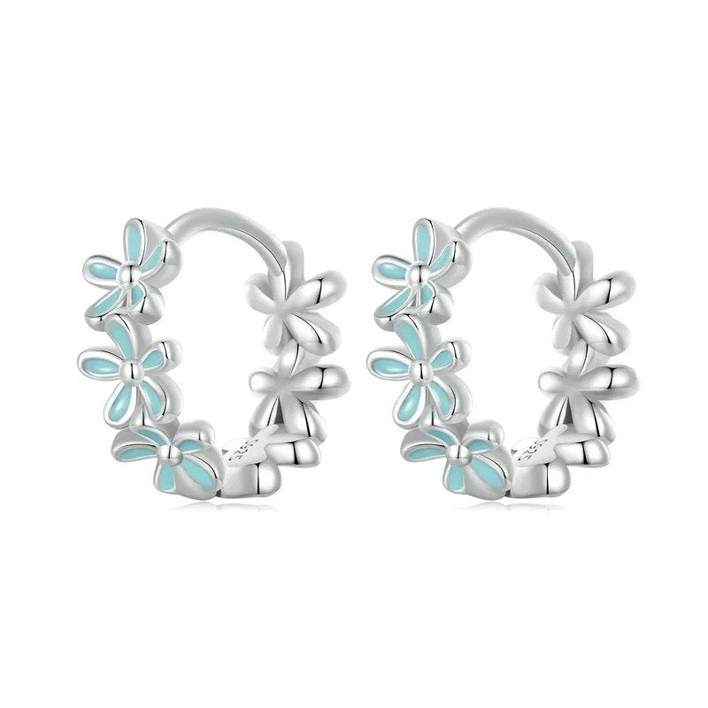 Boucles d'oreilles créoles guirlande vert menthe, boucles d'oreilles fleurs émaillées