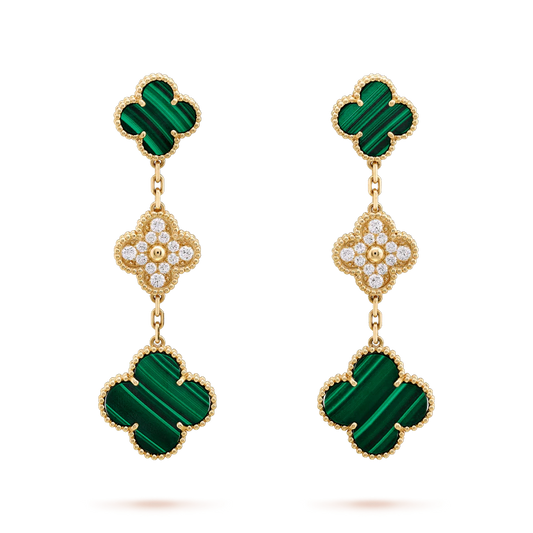 [Marins]CLOVER EARRINGS GOLD MALACHITE DIAMOND 3 MOTIF