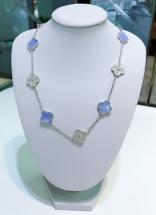 [Marins]CLOVER 10 MOTIFS CHALCEDONY DIAMONDS SILVER NECKLACE
