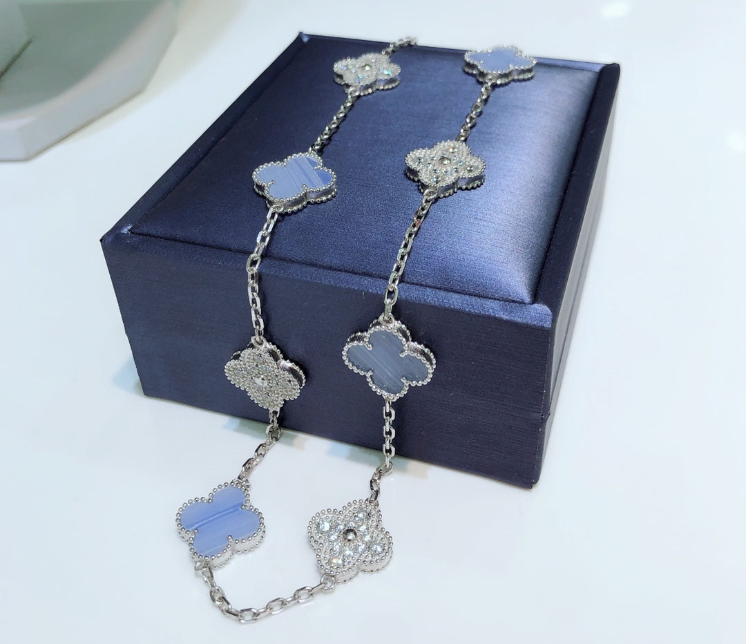[Marins]CLOVER 10 MOTIFS CHALCEDONY DIAMONDS SILVER NECKLACE
