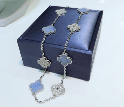 [Marins]CLOVER 10 MOTIFS CHALCEDONY DIAMONDS SILVER NECKLACE